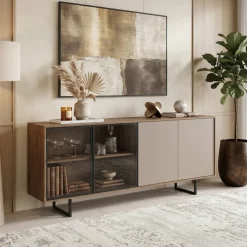 Madia moderna 200x87h cm 4 ante con vetrina rovere scuro tortora Domus