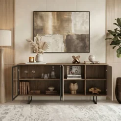 Madia moderna 200x87h cm 4 ante con vetrina rovere scuro tortora Domus