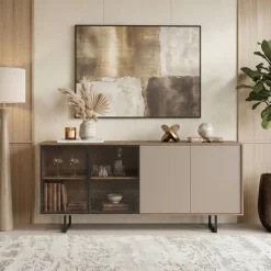 Madia moderna 200x87h cm 4 ante con vetrina rovere scuro tortora Domus