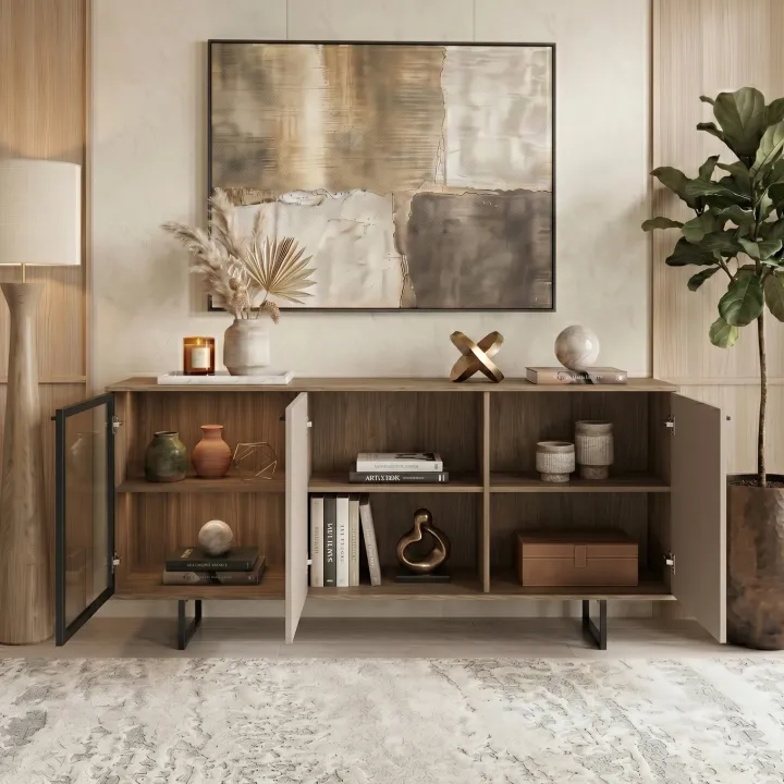 Madia moderna 151x87h cm 3 ante con vetrina rovere scuro tortora Domus