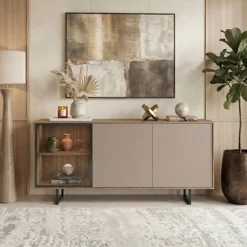 Madia moderna 151x87h cm 3 ante con vetrina rovere scuro tortora Domus