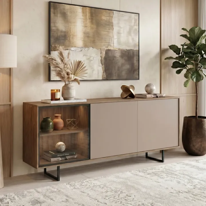 Madia moderna 151x87h cm 3 ante con vetrina rovere scuro tortora Domus