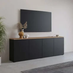 Madia moderna 200x68h cm 4 ante nero rovere Ischia