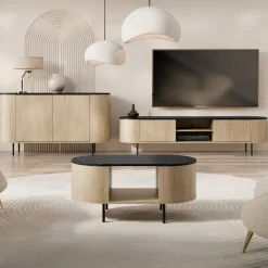 Madia moderna 139x75h cm 2 ante rovere effetto marmo nero Roundi