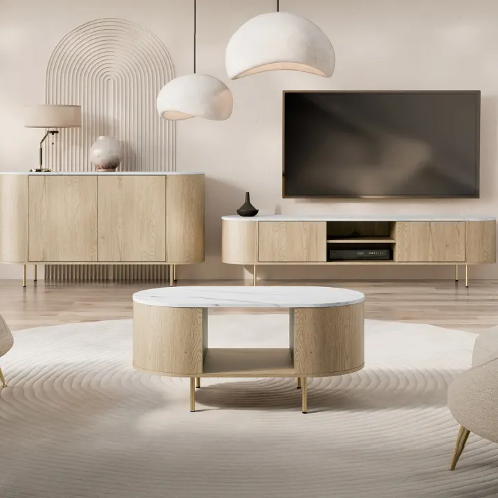 Madia moderna 139x75h cm 2 ante rovere effetto marmo bianco Roundi