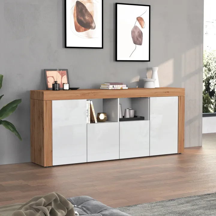 Madia moderna 200x85h cm bianco lucido rovere Block