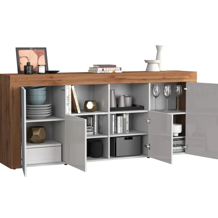 Madia moderna 200x85h cm bianco lucido rovere Block