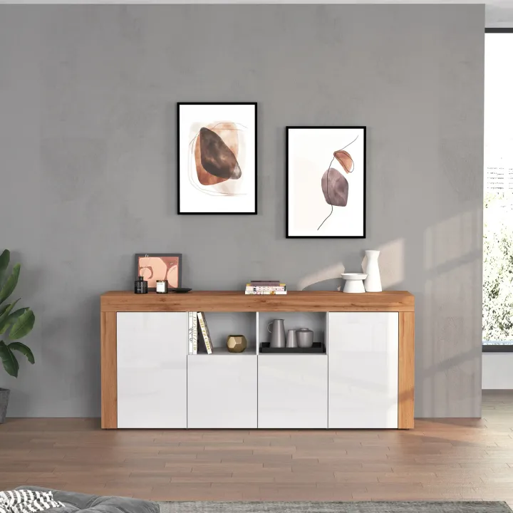 Madia moderna 200x85h cm bianco lucido rovere Block