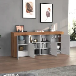 Madia moderna 200x85h cm bianco lucido rovere Block