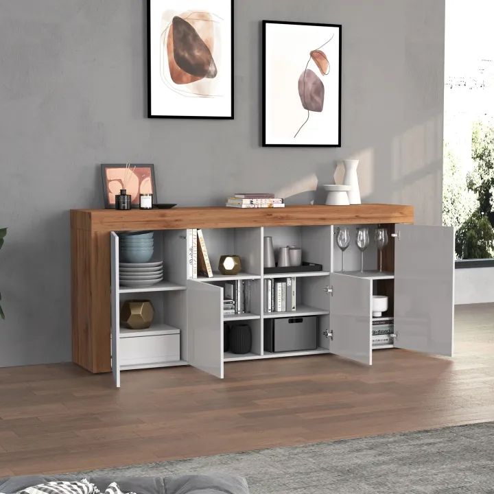 Madia moderna 200x85h cm bianco lucido rovere Block