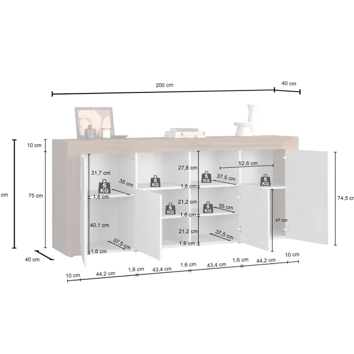 Madia moderna 200x85h cm bianco lucido rovere Block
