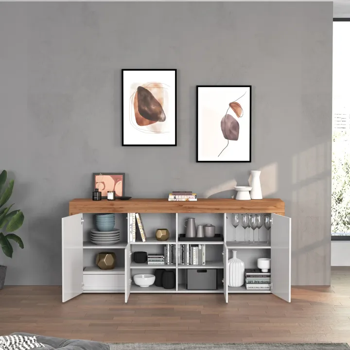 Madia moderna 200x85h cm bianco lucido rovere Block