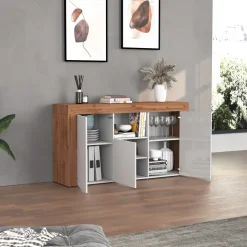 Madia moderna 155x85h cm bianco lucido rovere Block