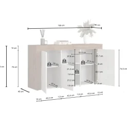 Madia moderna 155x85h cm bianco lucido rovere Block