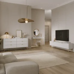 Madia moderna 163x81h cm 6 cassetti moderna bianco opaco cannettato Ramis