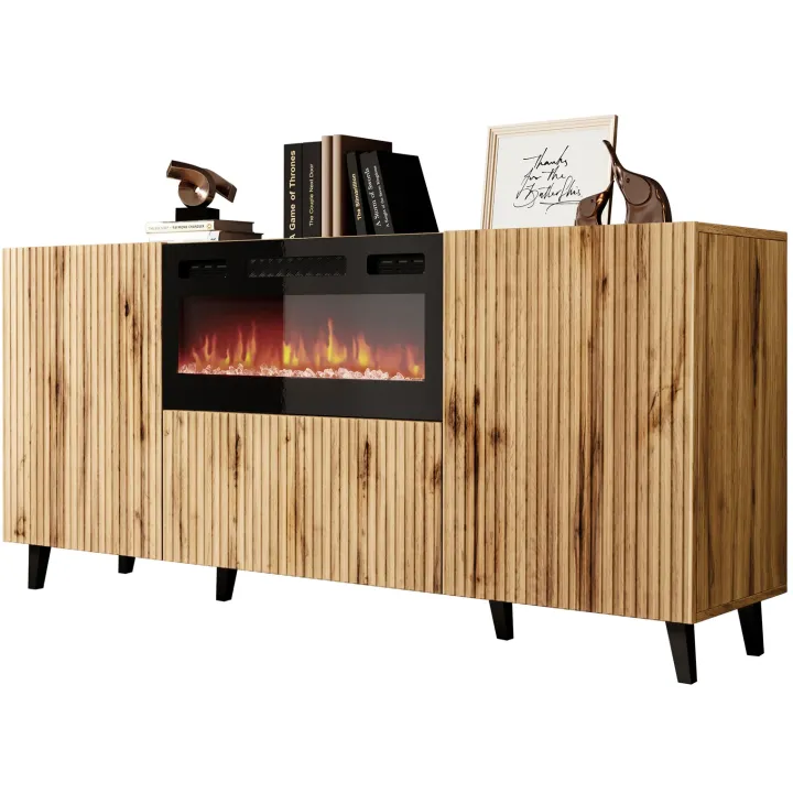Madia moderna181x83h cm con camino elettrico cannettato quercia Essence