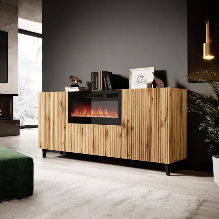 Madia moderna181x83h cm con camino elettrico cannettato quercia Essence