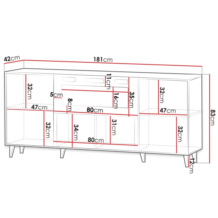Madia moderna 181x83h cm con camino elettrico cannettato antracite Essence