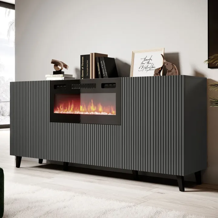 Madia moderna 181x83h cm con camino elettrico cannettato antracite Essence