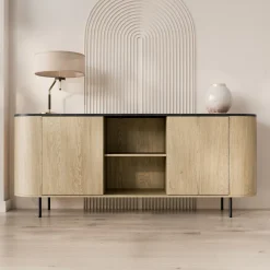 Madia moderna 184x75h cm 2 vani rovere effetto marmo nero Roundi