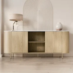 Madia moderna 184x75h cm 2 vani rovere effetto marmo bianco Roundi