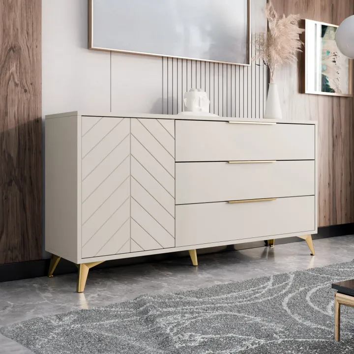 Madia 154x80h cm 1 anta 6 cassetti beige con frontali serigrafati Miriam