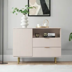 Madia 107x80h cm 1 anta 2 cassetti cannettato moderna beige Vanessa