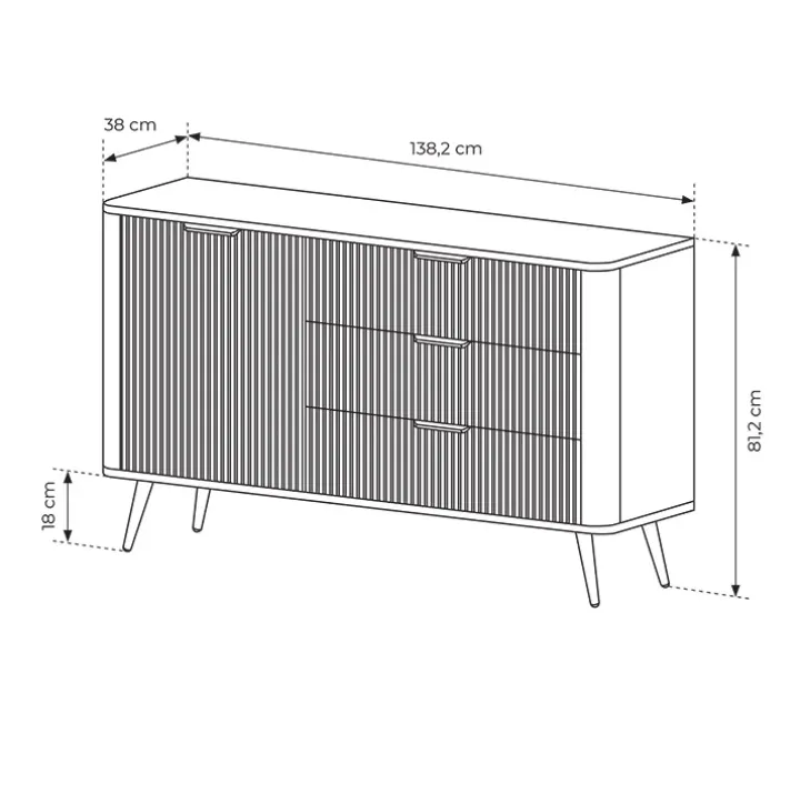 Madia 138x81h cm 1 anta 3 cassetti nero opaco cannettato Ramis