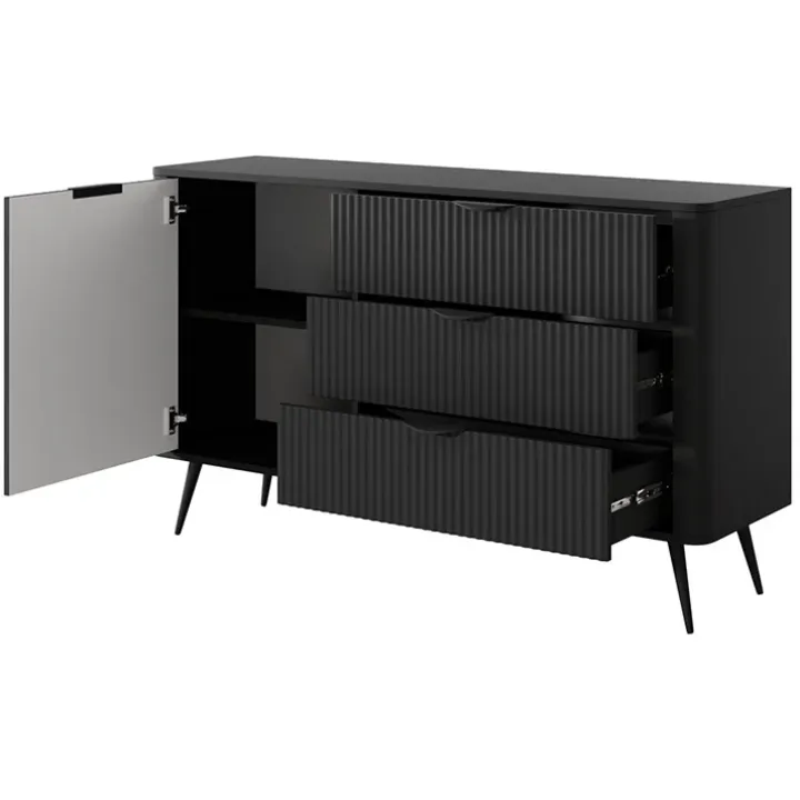 Madia 138x81h cm 1 anta 3 cassetti nero opaco cannettato Ramis