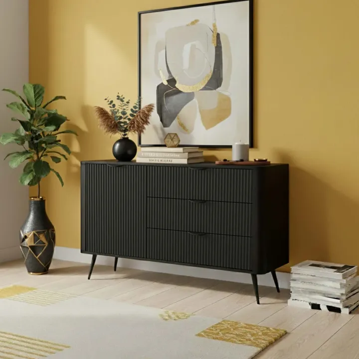 Madia 138x81h cm 1 anta 3 cassetti nero opaco cannettato Ramis