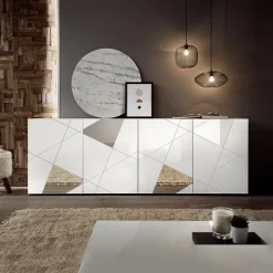 Madia 241x84h cm 4 ante bianco lucido con specchio e serigrafia Olimpo