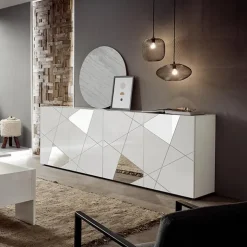 Madia 241x84h cm 4 ante bianco lucido con specchio e serigrafia Olimpo
