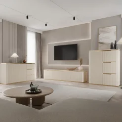 Madia 153x84h cm 2 ante 3 cassetti cannettato beige cashmere oro Gatsby