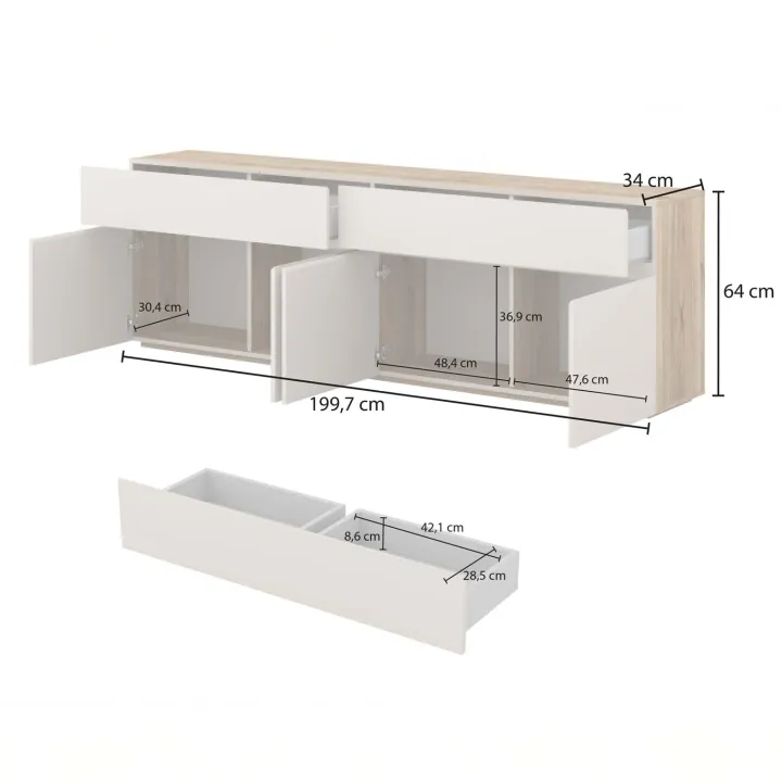 Madia 200x64h cm 4 ante 2 cassetti cashmere rovere Delia