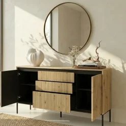 Madia 166x83h cm 2 ante 3 cassetti con led cannettato rovere rustico nero Camelia