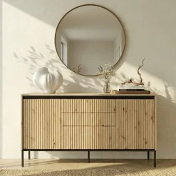 Madia 166x83h cm 2 ante 3 cassetti con led cannettato rovere rustico nero Camelia