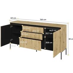 Madia 166x83h cm 2 ante 3 cassetti con led cannettato rovere rustico nero Camelia