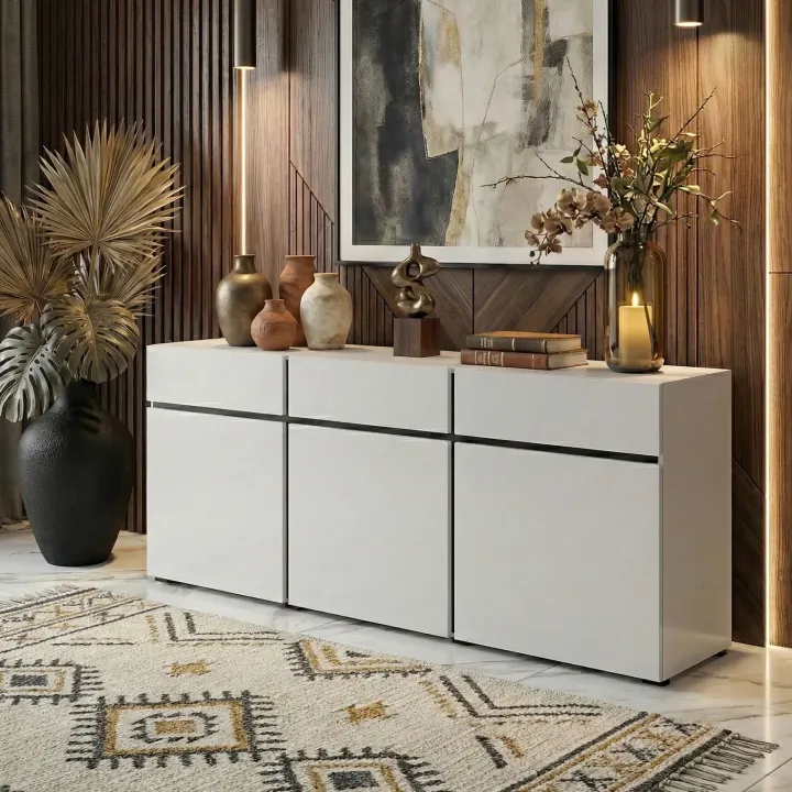 Madia 180x78h cm 3 ante 3 cassetti moderna bianco opaco nero Lolla