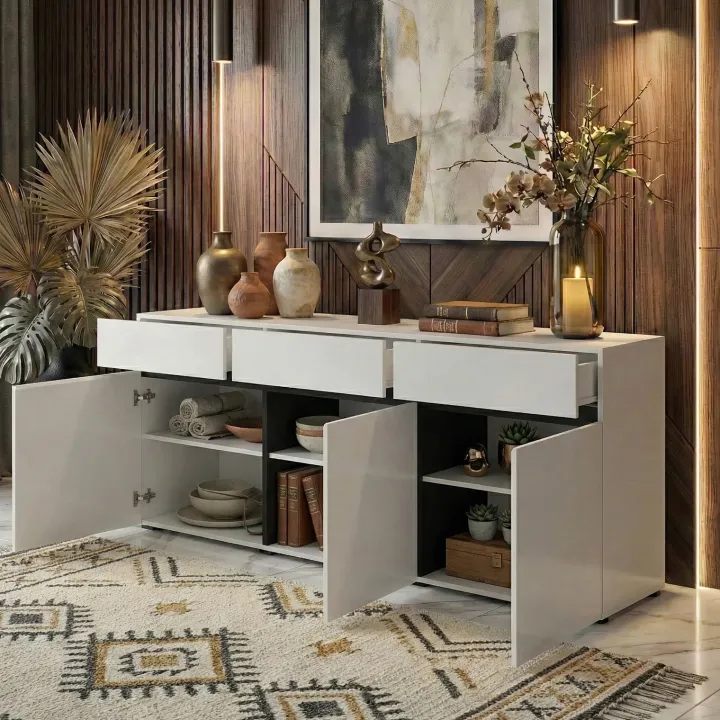 Madia 180x78h cm 3 ante 3 cassetti moderna bianco opaco nero Lolla