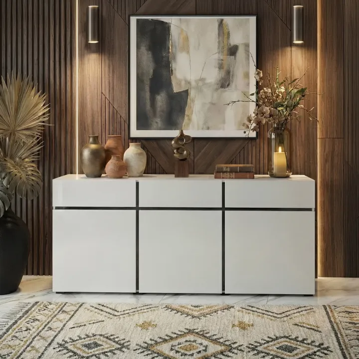 Madia 180x78h cm 3 ante 3 cassetti moderna bianco opaco nero Lolla
