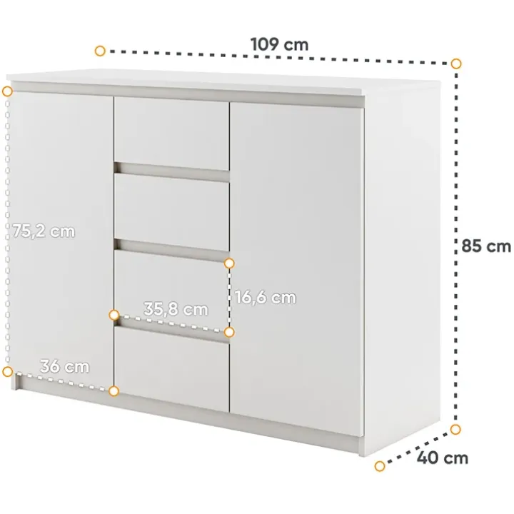 Madia 109x85h cm 2 ante 4 cassetti moderna bianco opaco Ombra