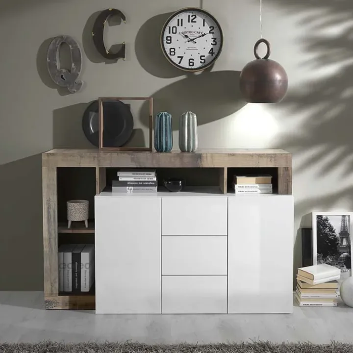Madia 146x93h cm 2 ante 3 cassetti moderna bianco lucido pero Invictus