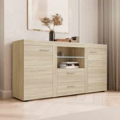 Madia 157x82h cm 2 ante 2 cassetti moderna con led rovere chiaro Haarlem
