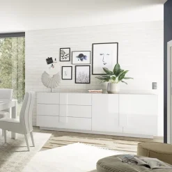 Madia 241x90h cm 2 ante 3 cassetti moderna bianco laccato lucido Alvarez