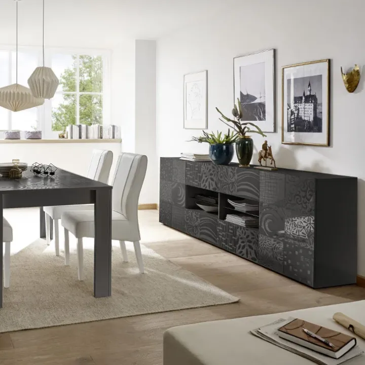Madia 241x84h cm 2 ante 4 cassetti moderna grigio lucido Paradise