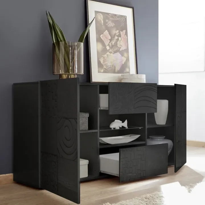 Madia 181x84h cm 2 ante 2 cassetti moderna grigio laccato lucido Paradise