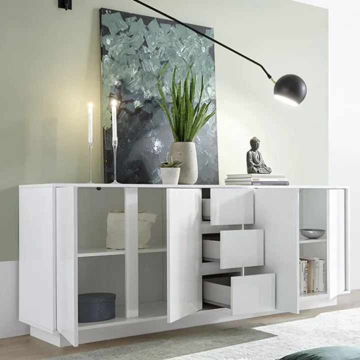 Madia 210x79h cm 4 ante 3 cassetti moderna bianco lucido Spirit