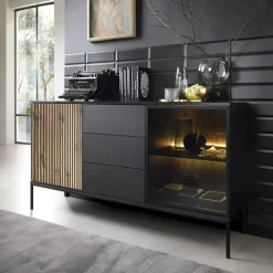 Madia 153x83h cm 2 ante 3 cassetti moderna nero rovere antico cannettato Bali