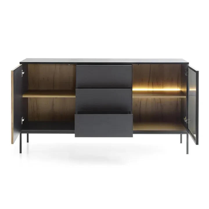 Madia 153x83h cm 2 ante 3 cassetti moderna nero rovere antico cannettato Bali