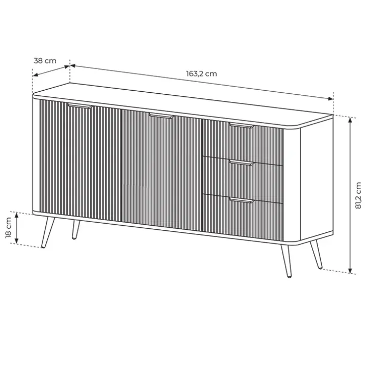 Madia 163x81h cm 2 ante 3 cassetti nero opaco cannettato Ramis